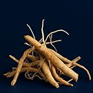 Fotografia ravvicinata delle radici di ginseng condivise su uno sfondo scuro, che mostra forme e texture organiche naturali.