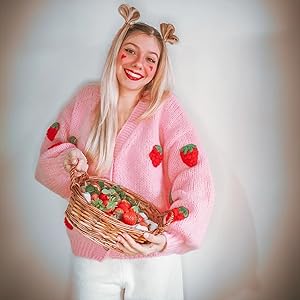 CHICWISH Women's Candy Pink Stitch Strawberry Button Up Hand