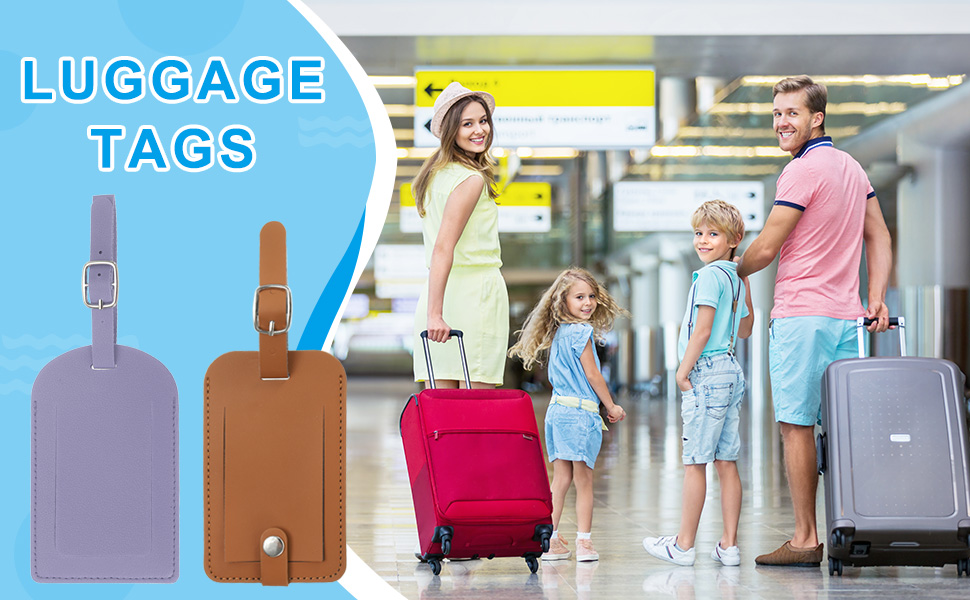Luggage tag advertisement showing purple and brown tag designs on left, with airport travel scene featuring suitcases on right.