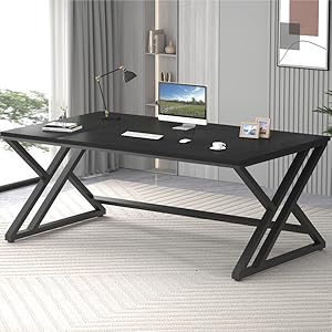 LVB Black Long Computer Desk, Large Industrial Pc Study Home Office Desk, Modern Wood Metal  DESK