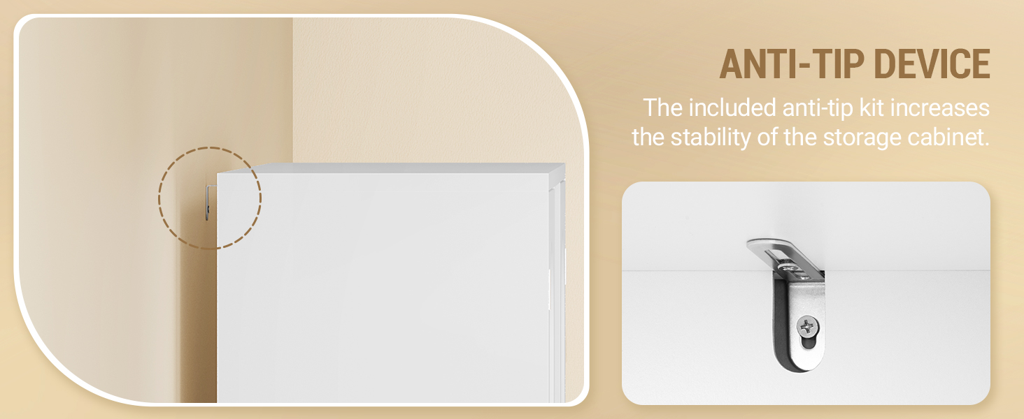 Kippschutz für Lagerschränke Das linke Feld zeigt das Gerät, das an der Schrankecke installiert ist. Auf der rechten Seite befindet sich eine Metallhalterung mit Schraubenloch zur Erhöhung der Stabilität.