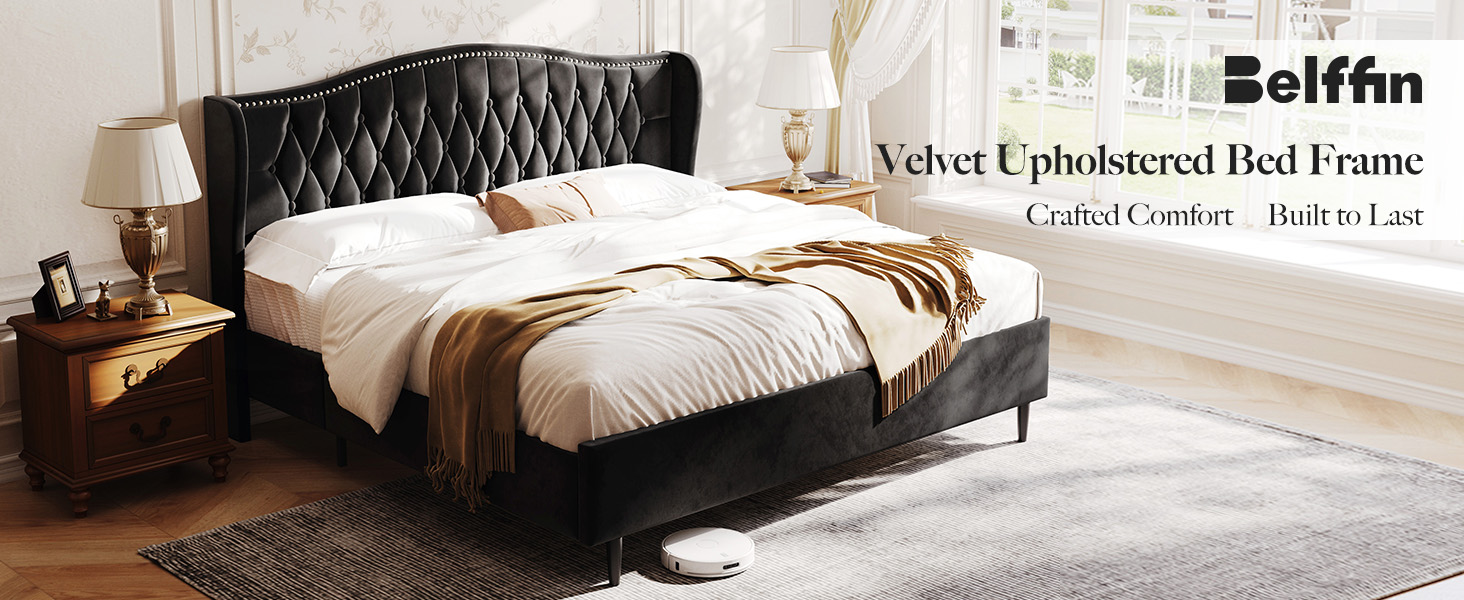 king size velvet upholstered bed frame with headbroad