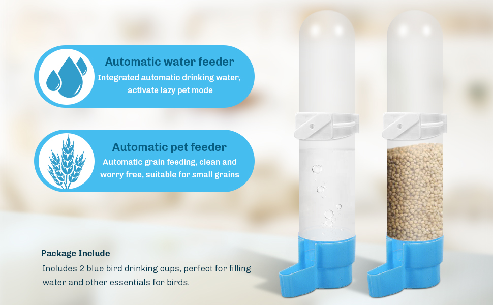 Der Text lautet: „Automatischer Wasserspender“ und „Automatischer Futterspender für Haustiere“. Das Produktbild zeigt transparente Wasser- und Lebensmittelspender auf blauer Basis mit nachfüllbaren Behältern.