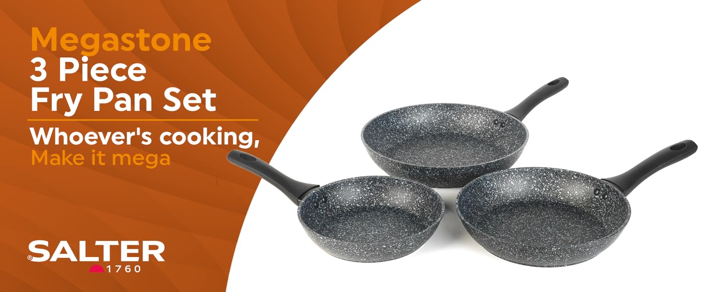 Megastone 3 Piece Fry Pan Set by Salter. Set includes three non-stick frying pans with dark speckled interior and long handles. Product marketed for cooking.