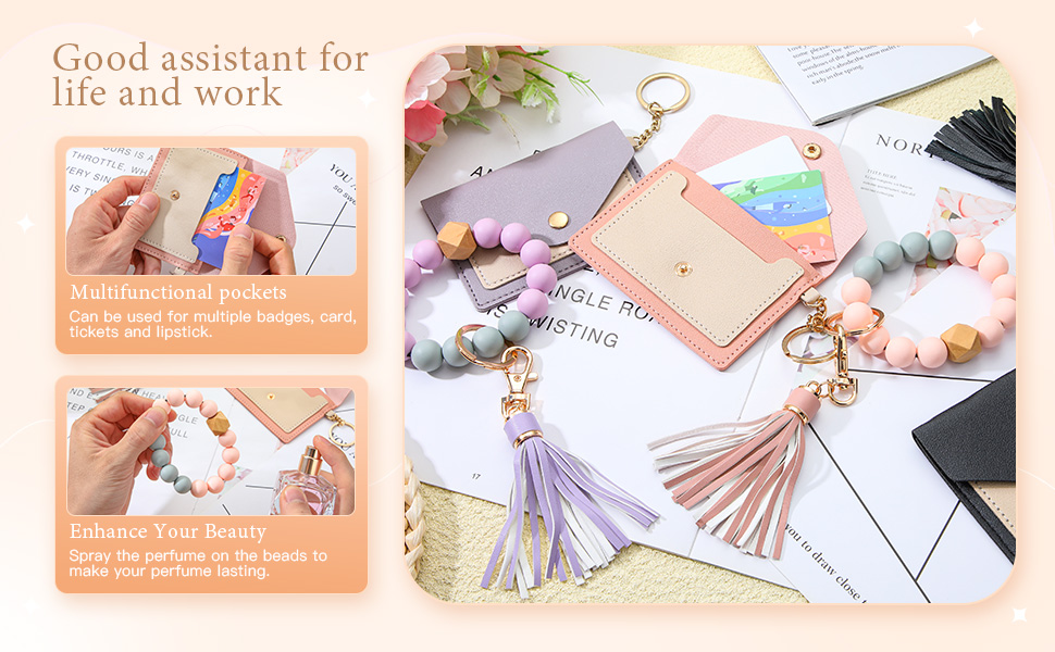 Sweetude 3 Pcs Wristlet Keychain Wallet for Woman Silicone Bead