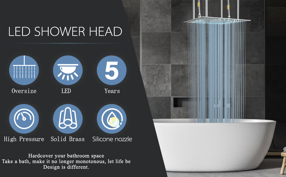 SUGUWORD LED 24 Inch Rainfall Shower Head Square Temperature Sensor 3 Colors Changing Polished Chrome Solid Brass Ceiling Mounted Bathroom High Pressure Luxury Rainfall Shower Head Full Body Coverage 10 1