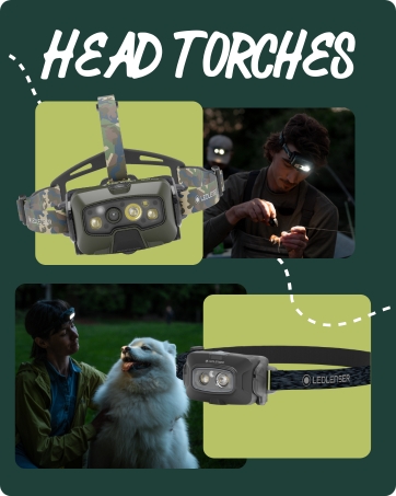 Head torches product display. Shows two LED headlamps with adjustable straps. Images demonstrate use in dark outdoor settings.