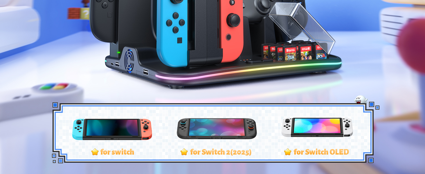 Affichage marketing de la console de jeu Nintendo Switch montrant plusieurs vues de la console avec des manettes Joy-Con de couleurs bleu fluo et rouge, positionnées sous différents angles.