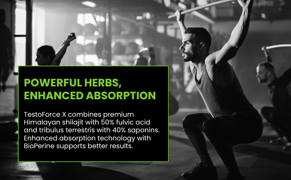 Text reads 'POWERFUL HERBS, ENHANCED ABSORPTION' overlaid on a black and white gym/fitness setting with exercise equipment visible.