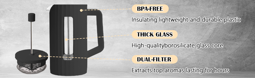 ماكينة تحضير القهوة الفرنسية - زجاج البوروسيليكات مع 3 طبقات من الستانلس ستيل، ماكينة تحضير القهوة الفرنسية الكبيرة للمنزل والمكتب والمطبخ والسفر، تصميم اسود عصري (اسود) 21 ايه