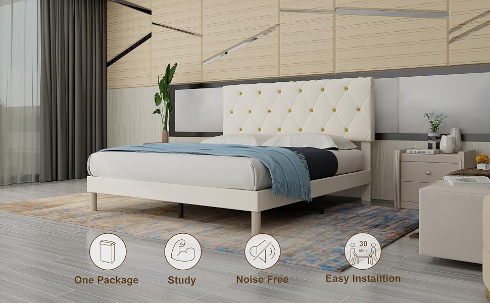 Mhjinuwet Queen Size Bed Frame, Velvet Upholstered Platform