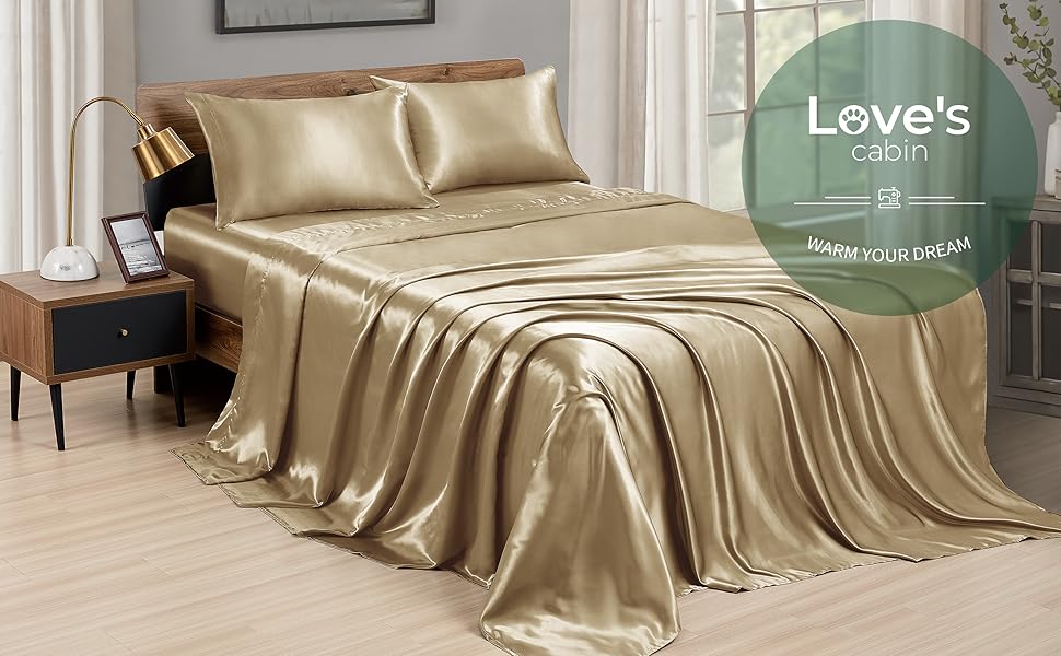 Love's cabin Twin Satin Sheets Sets Taupe, Silky Satin Bed