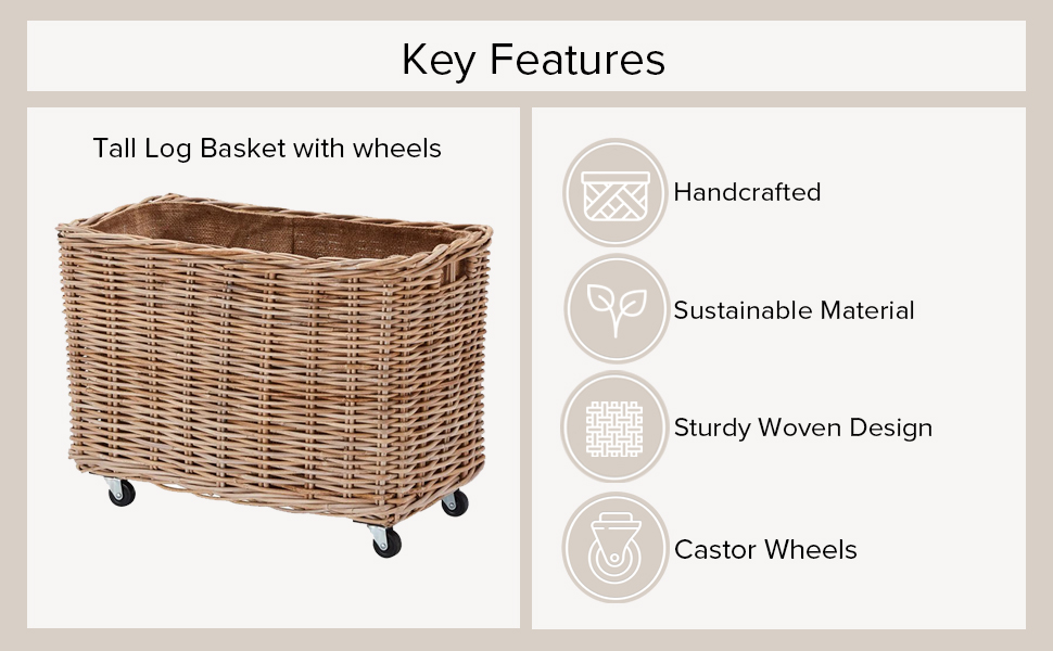 Wovenhill Kubu Rattan Extra Large Log Basket on Wheels Handmade Woven