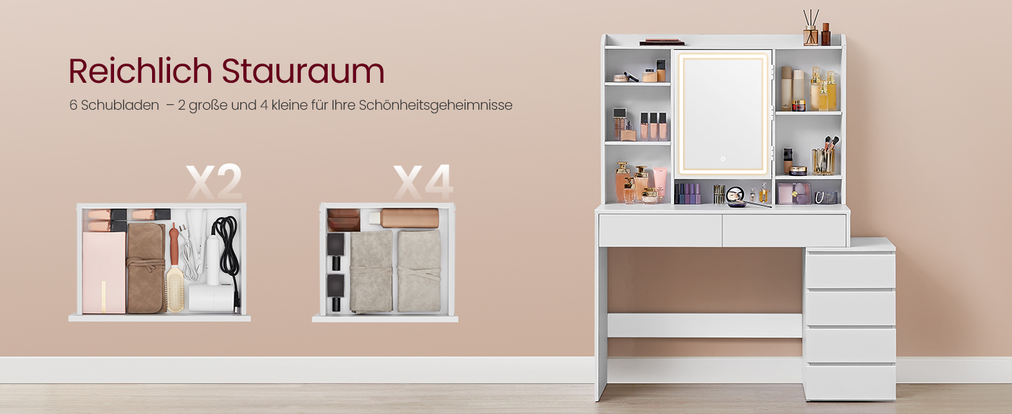 Der Text lautet „Reichlich Stauraum“. Architektur- oder Innenarchitekturdiagramme, die die Grundrisse und Konfigurationen des Stauraums zeigen.