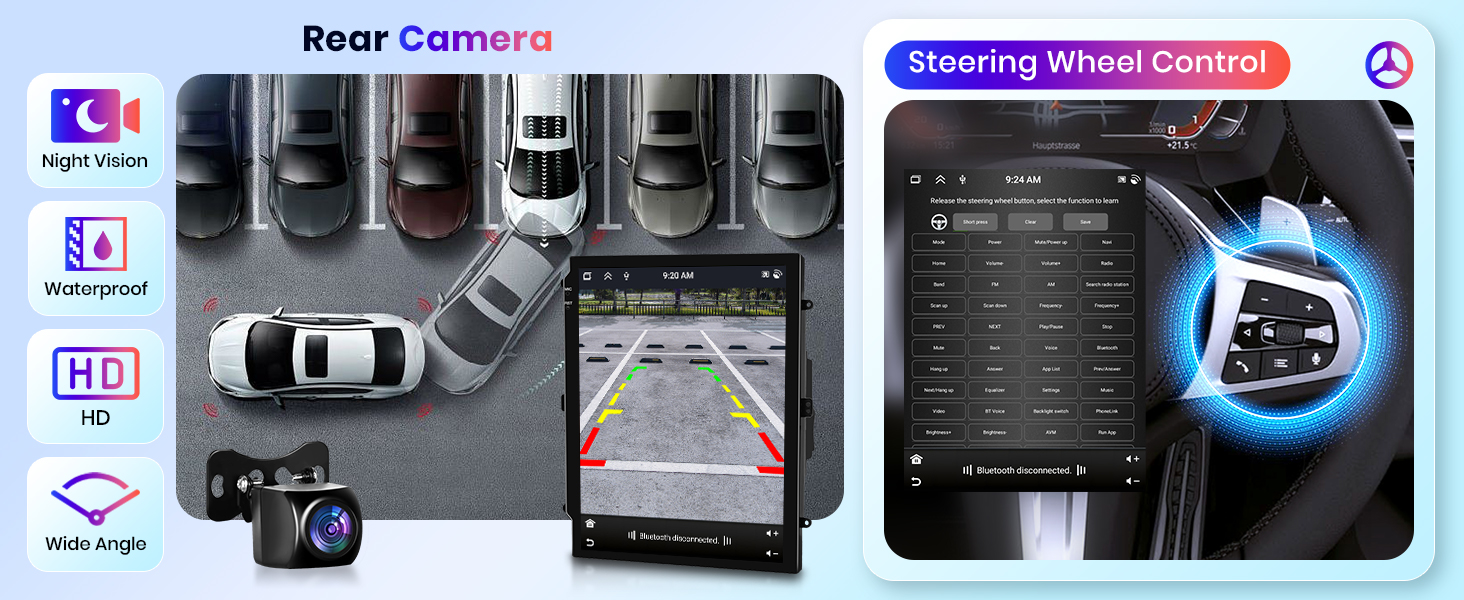 de cámara de respaldo para automóviles que muestra una vista aérea del estacionamiento y la interfaz de control del volante con capacidades de pantalla HD y funciones de resistencia al agua.