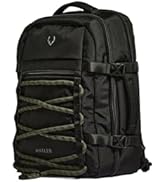 Black travel backpack with multiple compartments, padded straps, and olive-green bungee cord accents on front. Features side compression straps and appears durable for outdoor use.