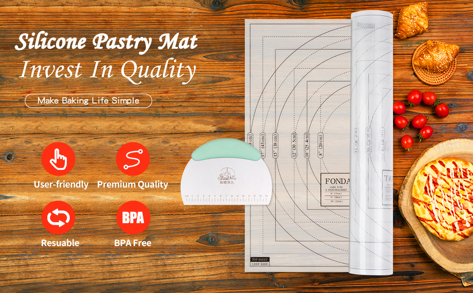 Silicone Baking Mat with Dough Cutter 2Pcs Non-slip and Reusable - For Cookies, Bread, Pastry