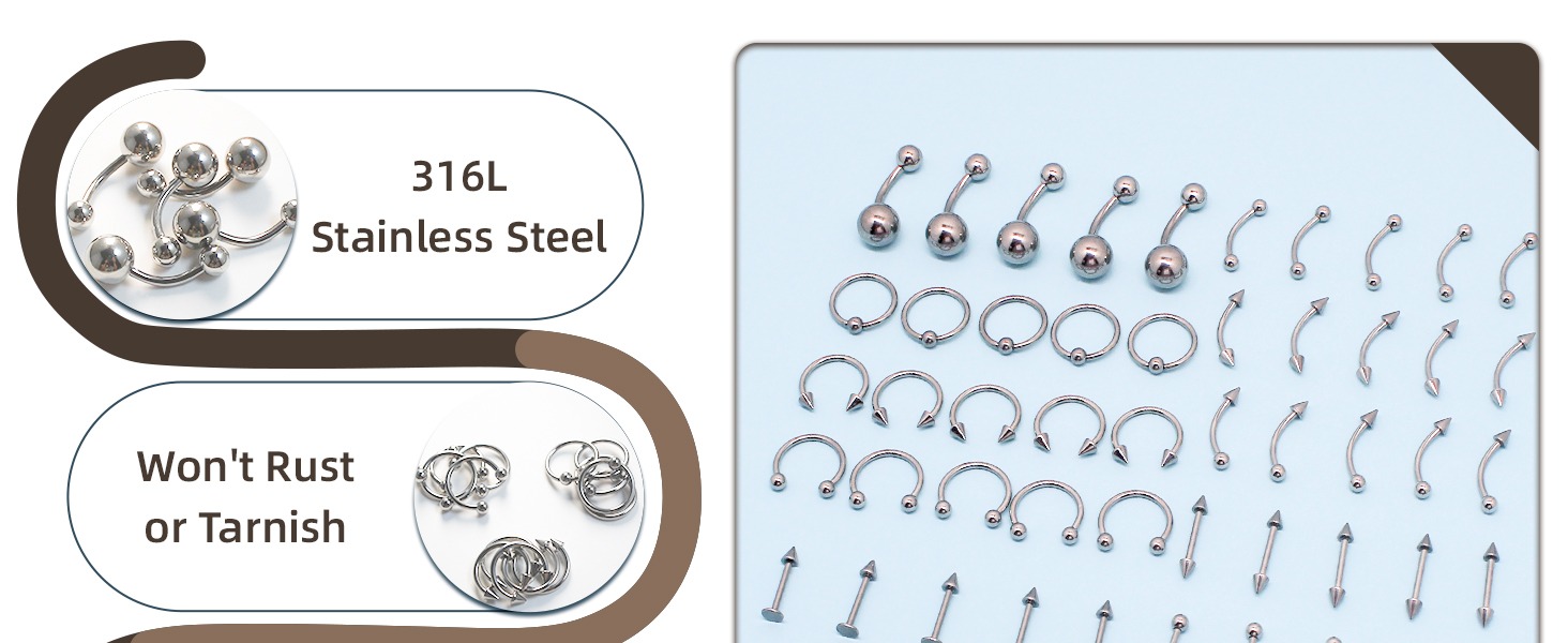 A-minusone 84PCS Body Septum Piercing Kit Nose Tongue Lip Ear Eyebrow Belly Button Tragus Industrial