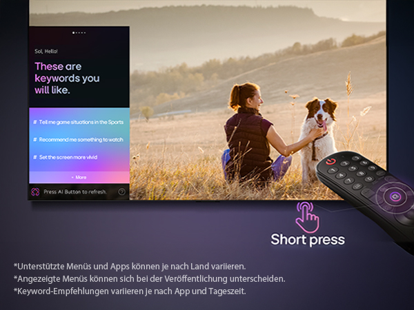 LG AI Magic Remote vor LG TV zeigt Keywords basierend auf der Such- und Seh-Historie des Nutzers.