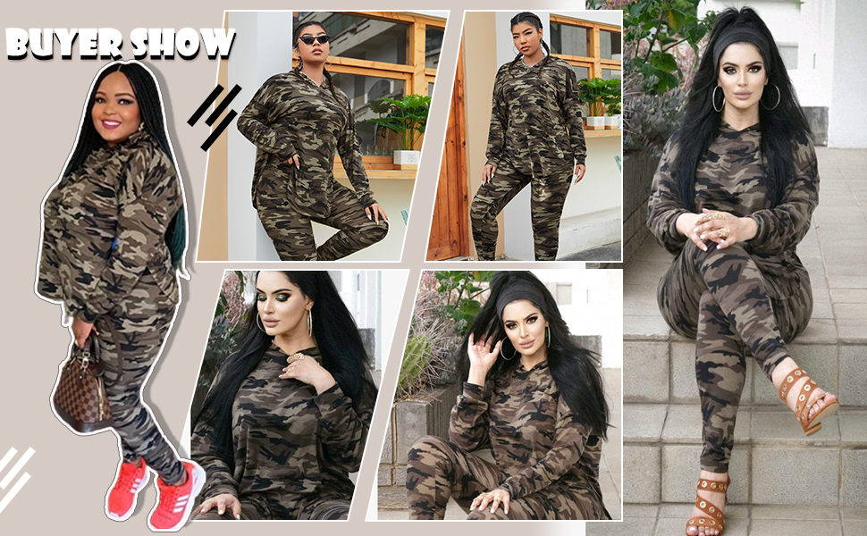 Women's Plus Size 2 Piece Outfit Camo Print Long Sleeve Hooded Sweatshirt and Leggings Set