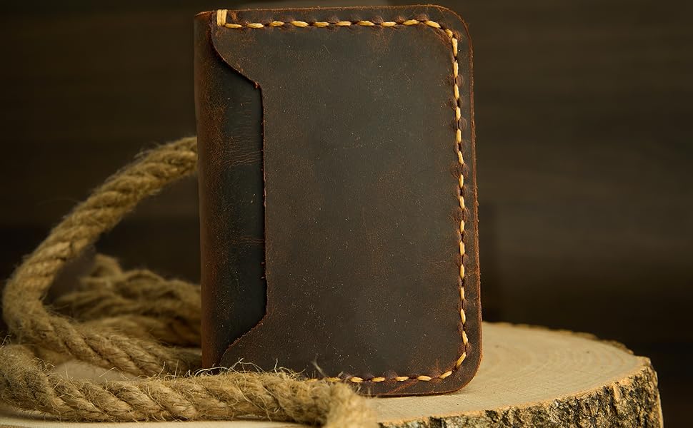 Close-up of premium full-grain leather texture on handmade wallet