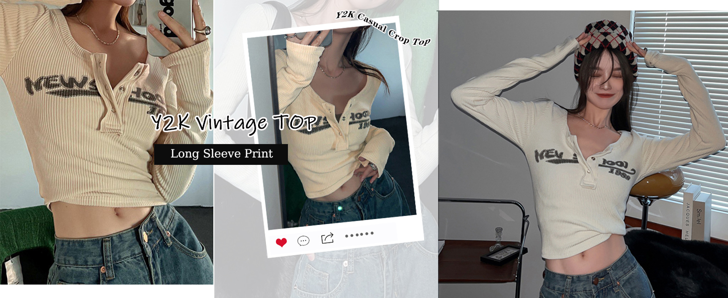 EMMIOL Y2K Tops for Women Graphic Crop Tops Button Up Long Sleeve