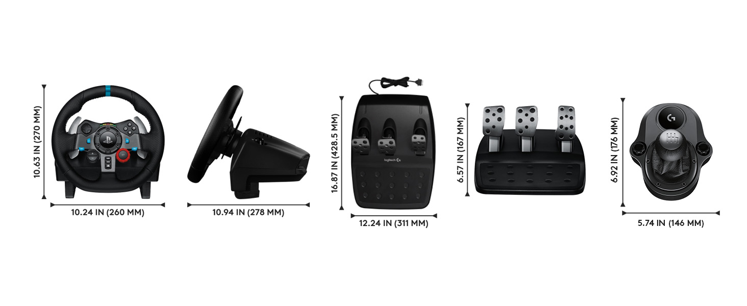 Technical diagram showing multiple views of a gaming steering wheel controller setup with pedals, including front, side, and top perspectives.