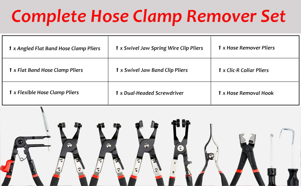 9pc Hose Clamp Pliers, Flexible Wire Long Reach Hose Clamp Pliers Set