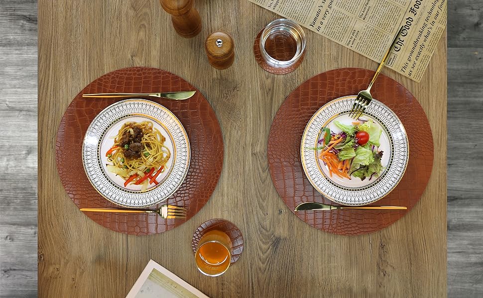 Round Leather Placemats for Round Tables Set of 4, Brown