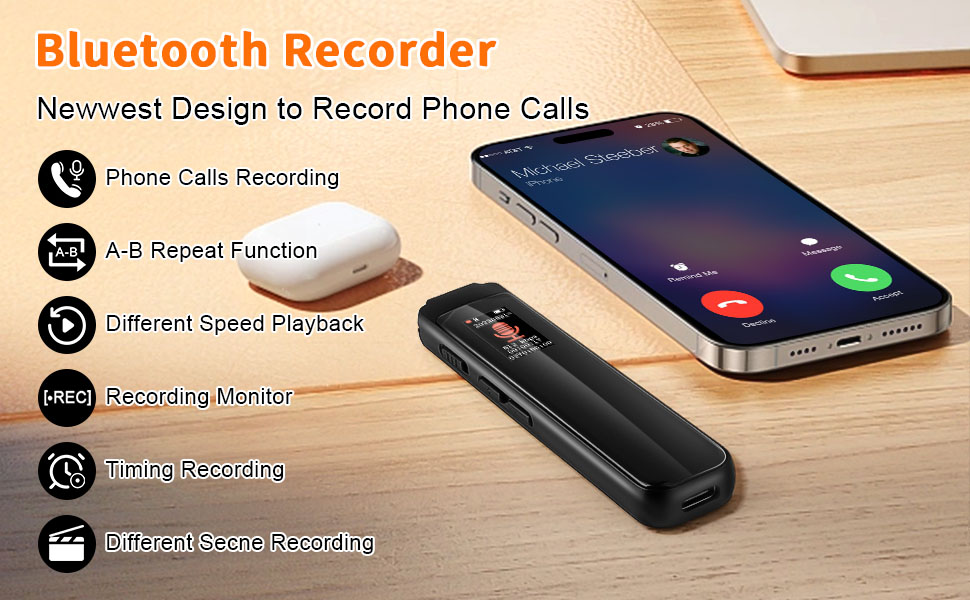 Digital Phone Call Recorder Bluetooth Dictaphone, 64GB Voice Activated