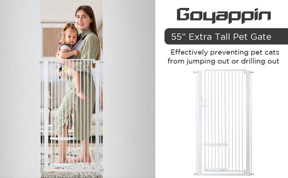 Goyappin 55” Extra Tall Pet Gate with Cat Door Walk Through, 29.5"32.2" Wide