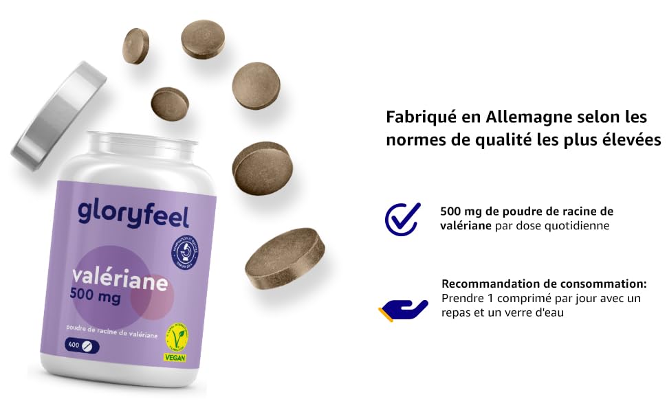 Flacon de comprimés de 500 mg de supplément Gloryfeel Valériane. L'image montre un flacon, des gélules en vrac et un texte décrivant les recommandations de fabrication et de dosage en Allemagne.