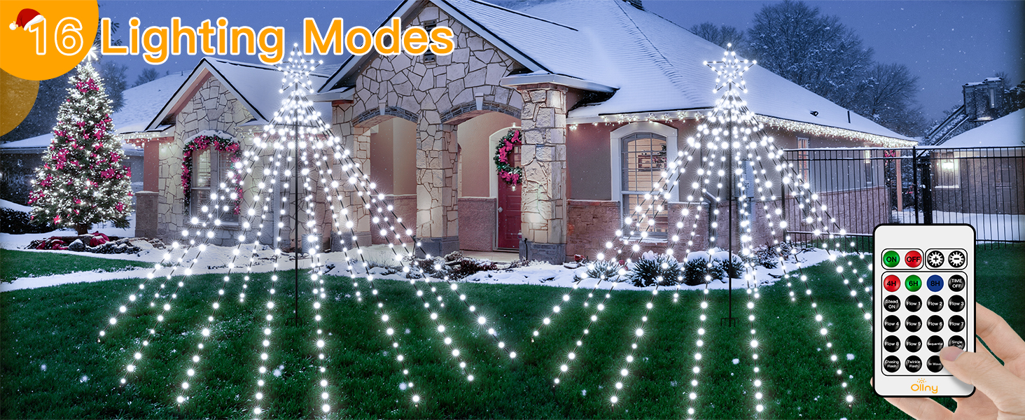 Text reads '16 Lighting Mode'. Outdoor Christmas lights display showing illuminated string lights creating tent-like formations on snowy lawn with remote control.