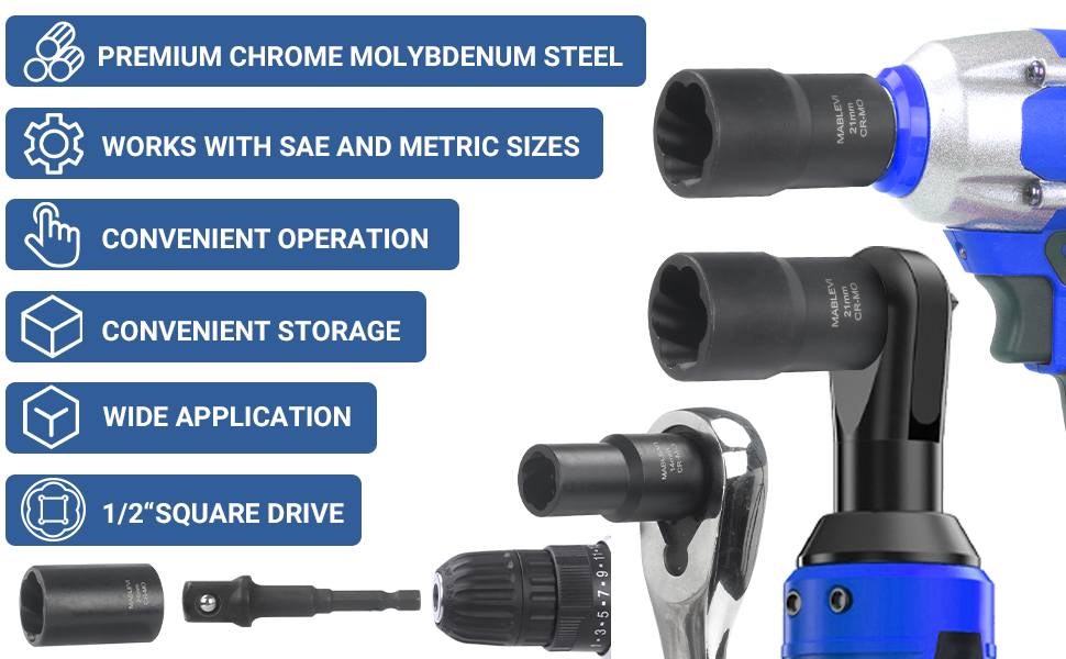 MABLEVI 13 PCS Bolt Nut Extractor Set, 1/2" Drive Impact