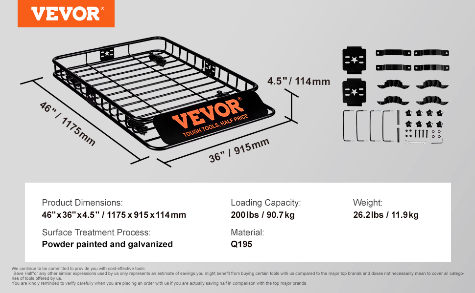 VEVOR Roof Rack Cargo Basket, 46“x36"x4.5” /117x91x11 cm Rooftop Cargo