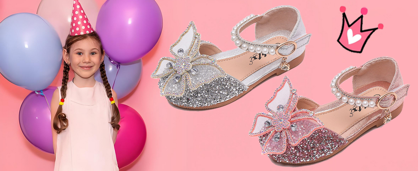 Girl Sandals Glitter Princess Shoes Dress Up Bling Bowknot Flats Comfort Mary Jane Dance Party