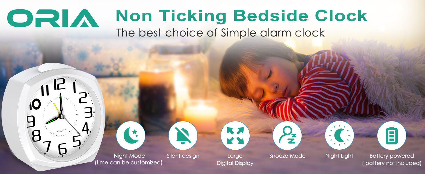 ORIA Analog Alarm Clock, Silent Non Ticking Small Clock, 4