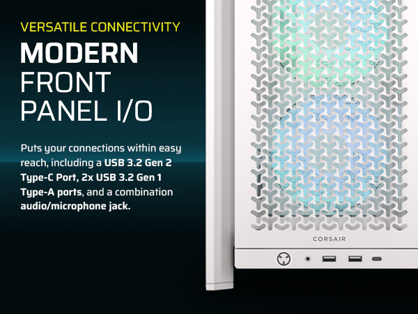 modern io case; modern io panel; io front panel; usb c port, usb 3.2 gen 2; usb 3.1 gen 1;