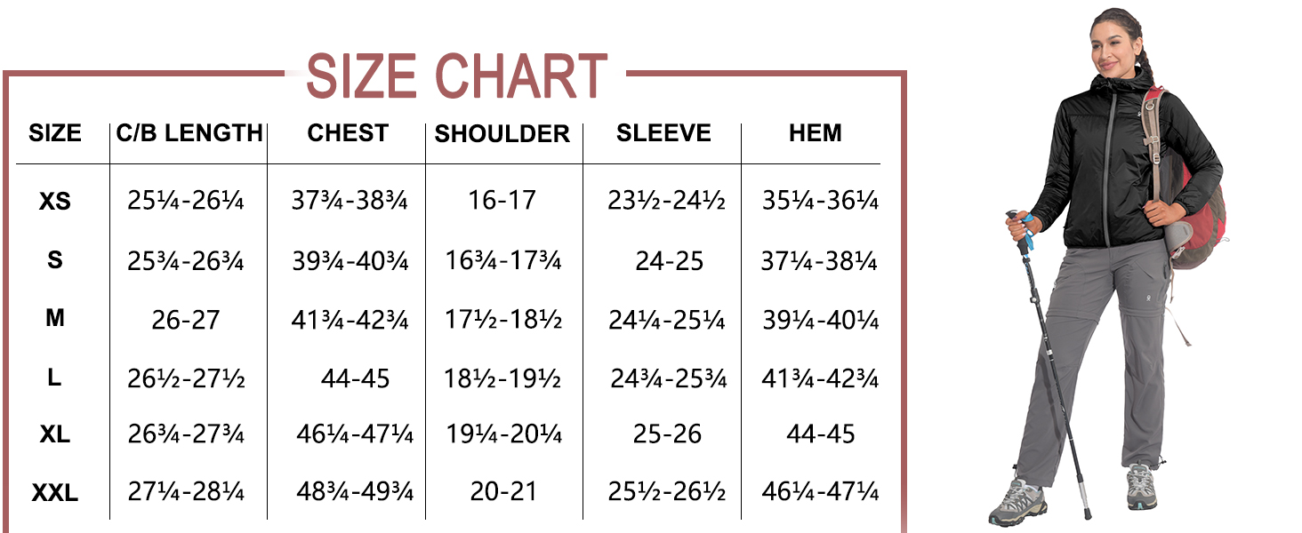 size chart of women waterproof running jacket