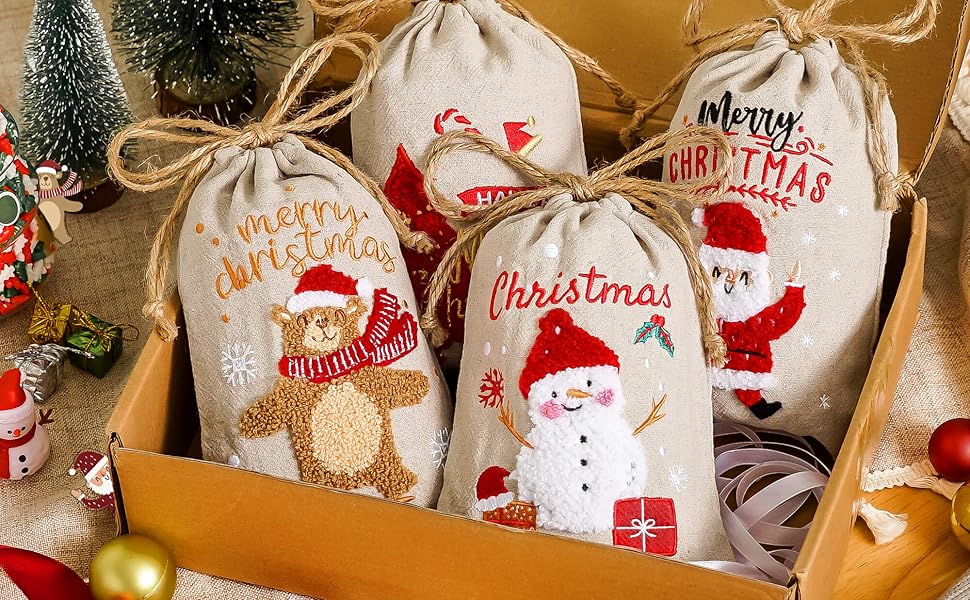 Pack of 4 Bonlino Christmas gift bags are packaged in one box, showing 4 different patterns