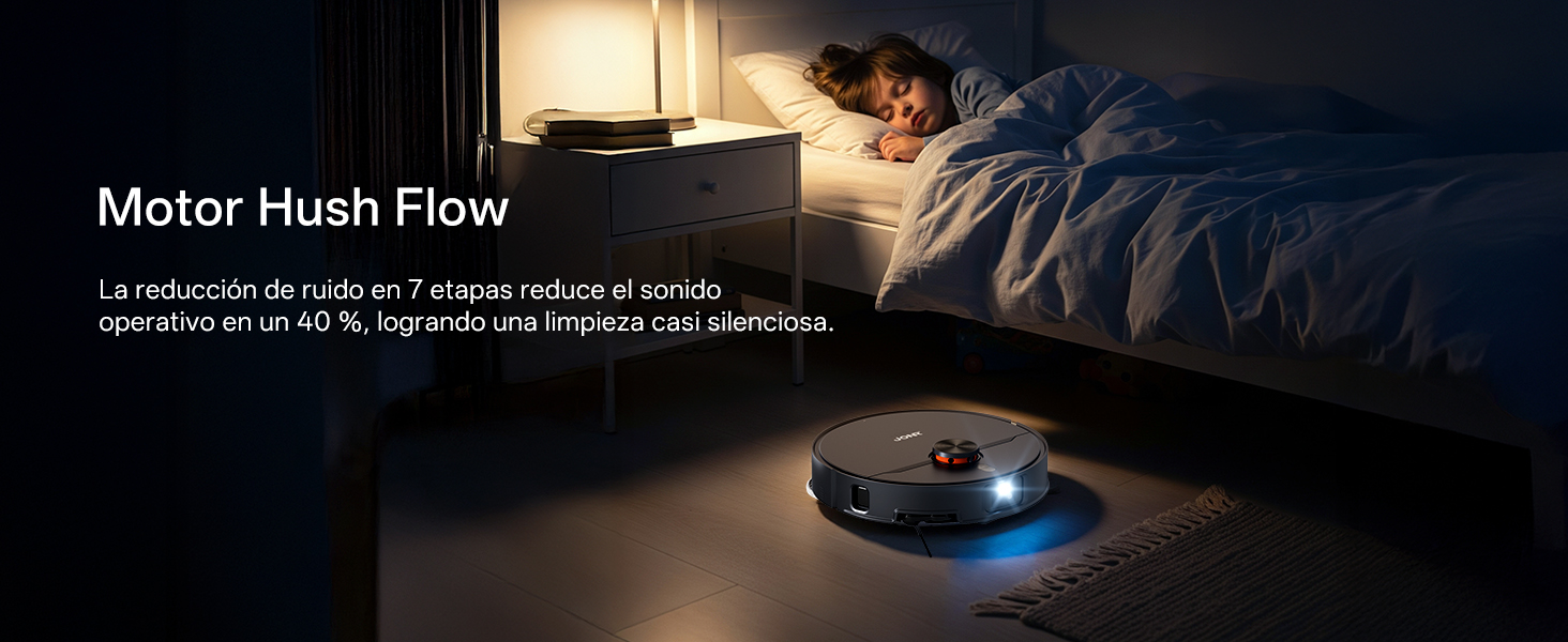 El texto dice «Motor Hush Flow». Fotografía de producto en ambiente oscuro que muestra un dispositivo iluminado con iluminación LED azul sobre fondo negro.