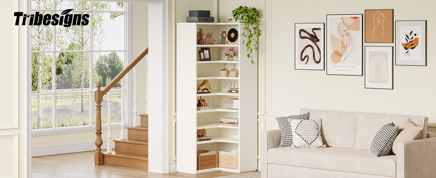 Tribesigns 65" Tall Corner Bookshelf, 9Tier White Corner