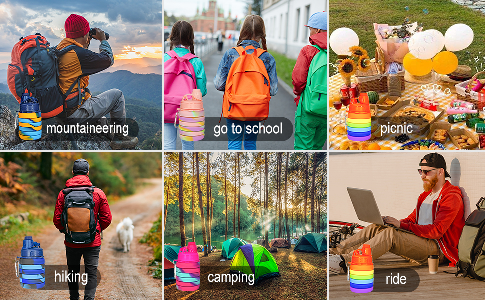 WATMHHJQ Silicone Water Bottle, Collapsible, 500ml 16oz Sports Foldable with Carabiner, for Outdoor