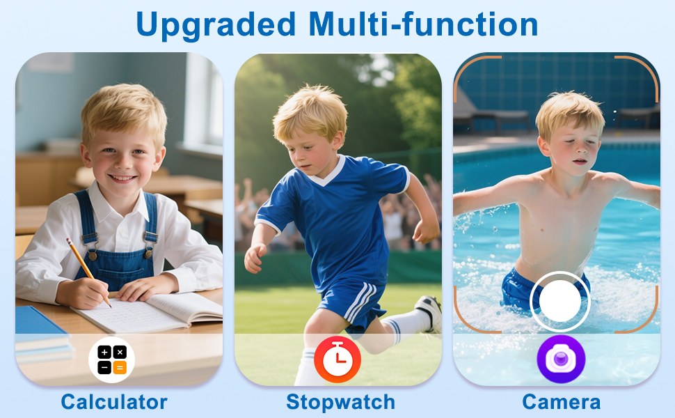 Text reads 'Upgraded Multi-function'. Three-panel image showing 'Calculator', 'Stopwatch', and 'Camera' functions with demonstration photos.