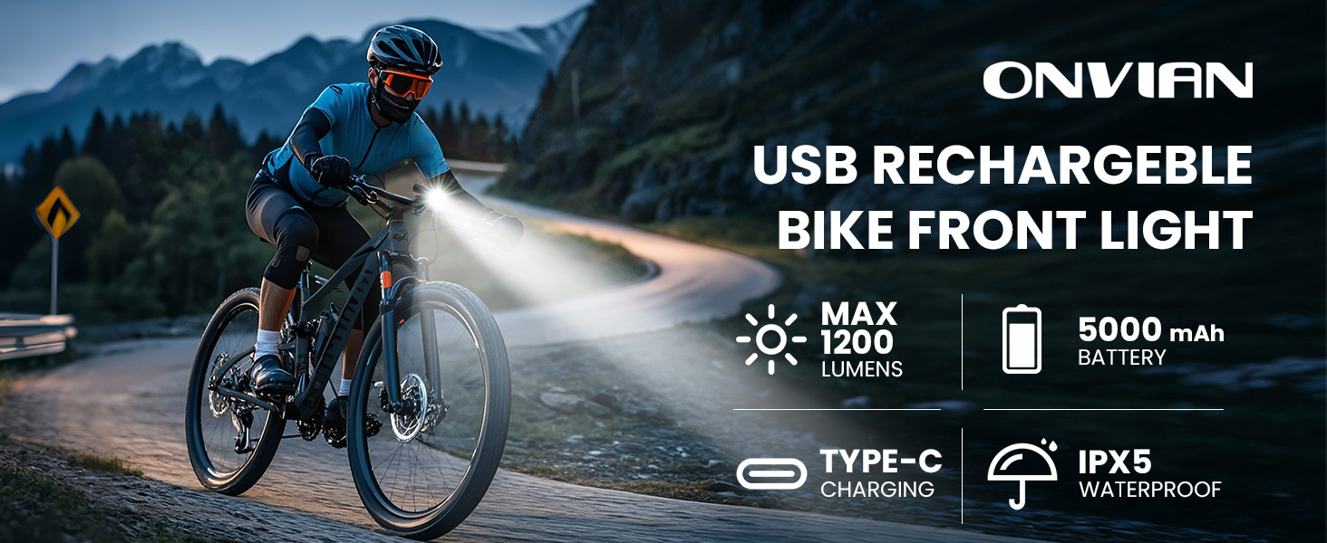 ONVIAN Super Bright Bike Lights for Night Riding, 1200 Lumen Bike Headlight -13 Modes & Aluminum Alloy, 5000mAh Rechargeable Bicycle Lights for Mountain Road Commuter Cycling, IPX5 Waterproof Bike Lights for Night Riding