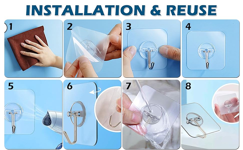 8 Pack Adhesive Sticky Wall Hooks, Transparent Reusable Seamless Hooks