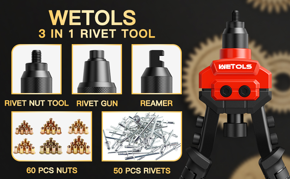 WETOLS 3 in 1 Rivet Nut Tool, Rivet Gun, Reamer Set