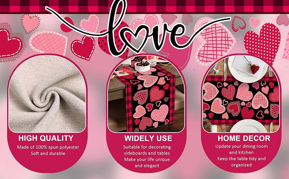 Seliem Valentine's Day Pink Black Love Heart Table Runner