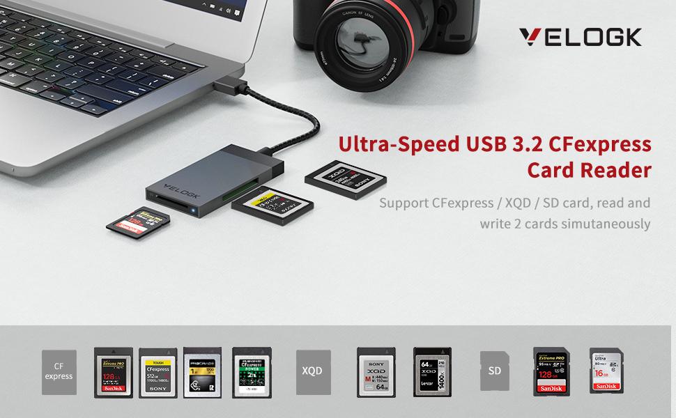 VELOGK CFexpress/XQD Card Reader, DualSlot USB 3.2(10Gbps) CFexpress Type B Memory Card Reader