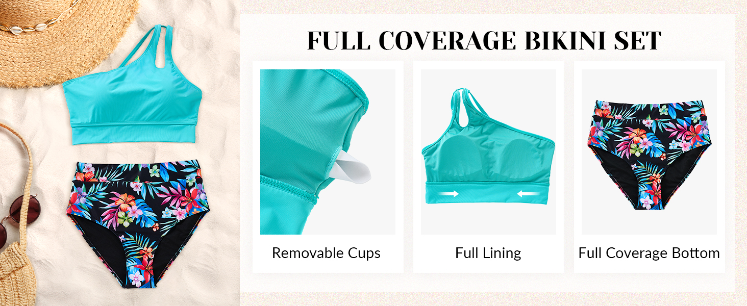 two piece bathing suit off the shoulder high rise swim suit teen ladies modest bikini aqua green